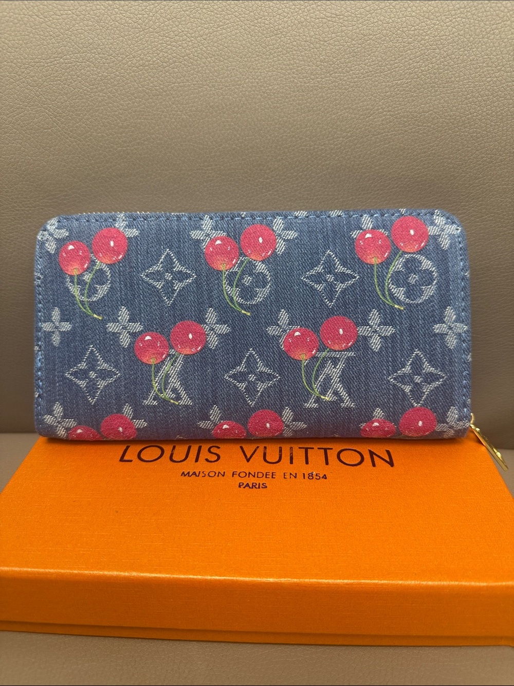 Source Unknown LV Blue Denim Cherry Monogram Zip Wallet